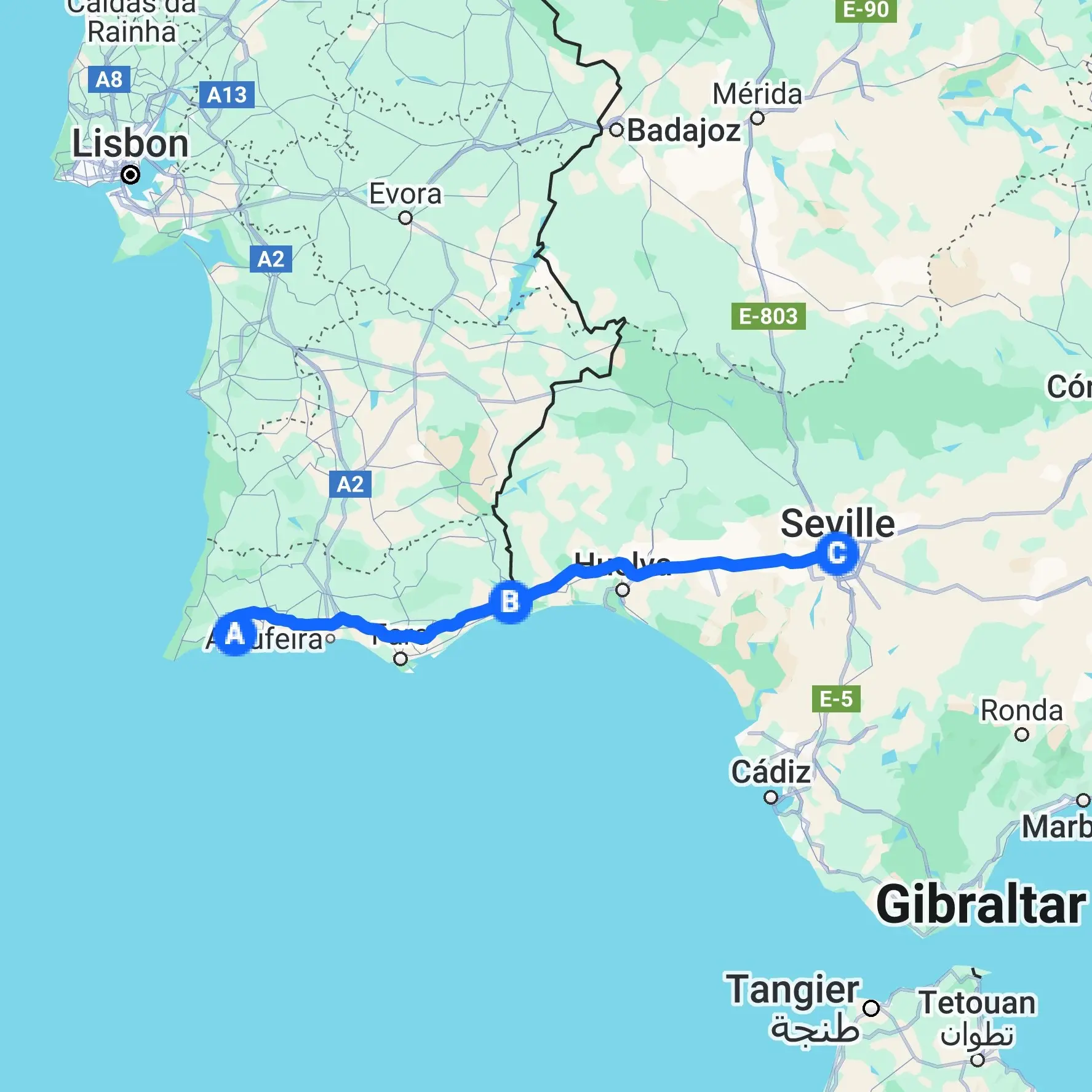 Geographical map showing the route from Lagos to Seville