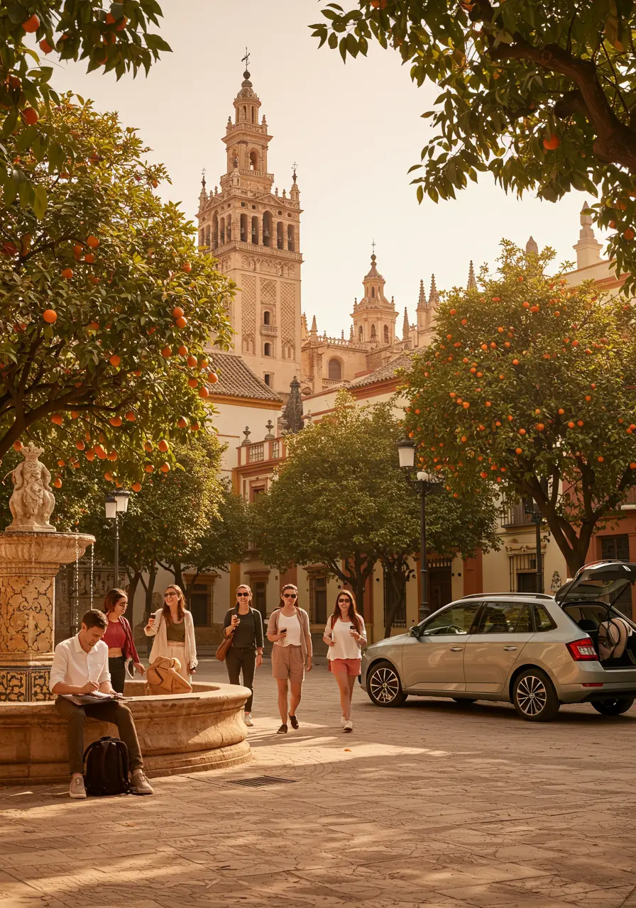 Seville plaza with orange trees, the Giralda tower, and tourists enjoying the atmosphere